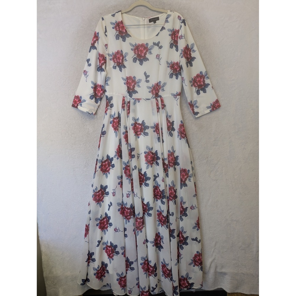 Roolee Maxi Dress Women's Large Cream Red Floral Rose 3/4 Sleeve Modest Zipper
